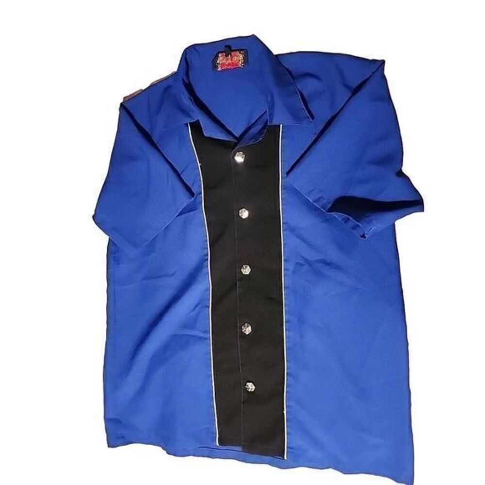 Vintage Casino Wear Blue/Black  Bowling/Rock/Dress Shirt Mens Size L‎